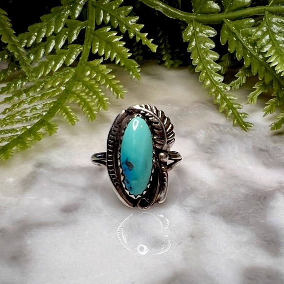 Vintage Handmade Turquoise Ring Solid 925 Sterling Silver Feather design Small - Picture 5 of 7